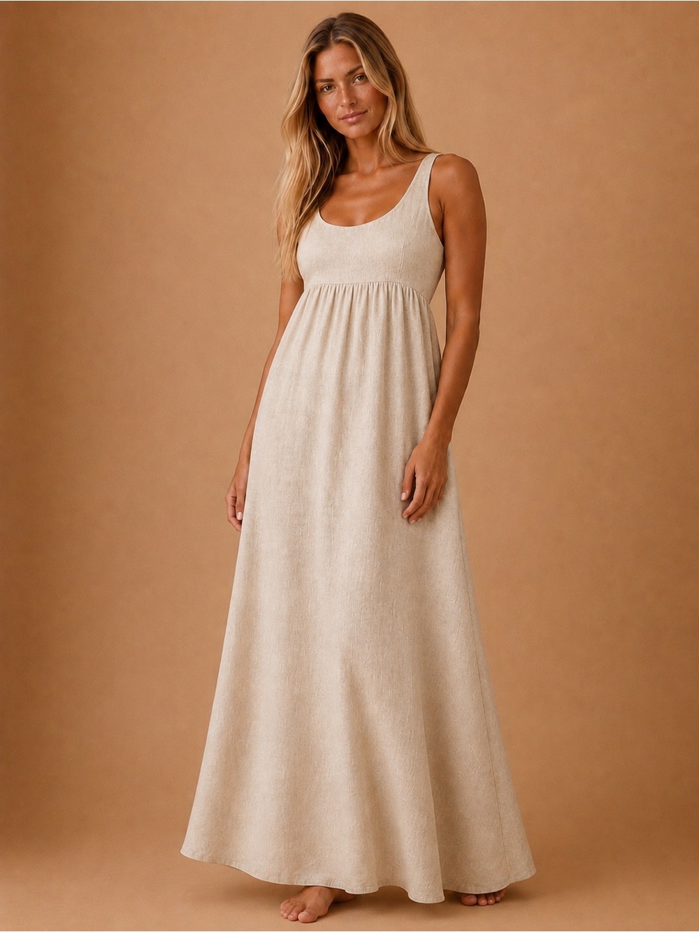 Zara Oatmeal Flowy Linen Lyocell Maxi Dress Smocked Back Sleeveless Boho Coastal